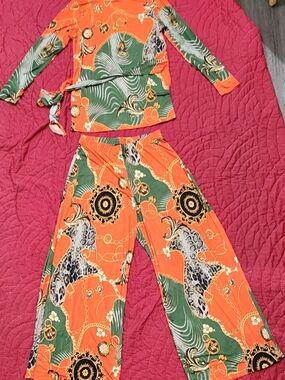Vibrant Orange & Green Printed Two-Piece Set